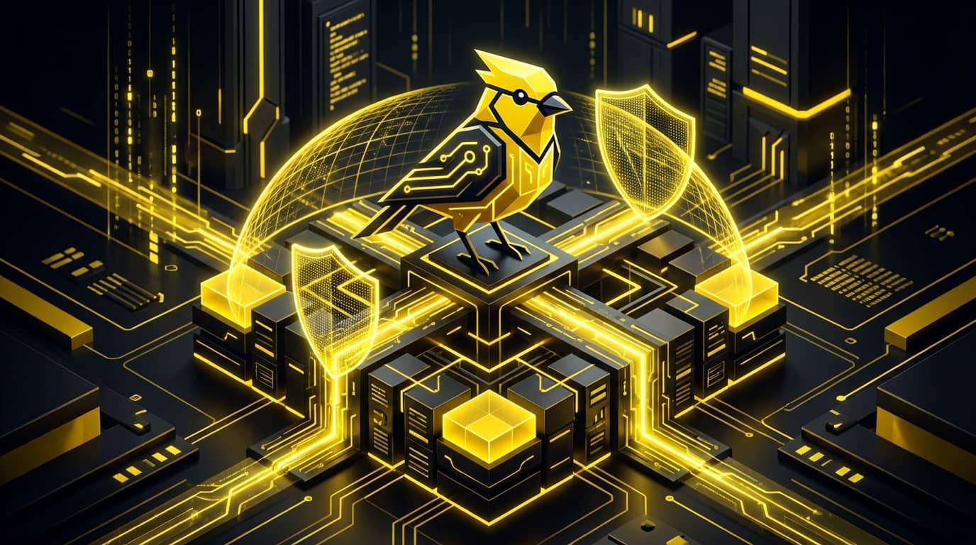 Stylized render of the Canary OS on-device protection concept, a golden canary guarding a circuit landscape.