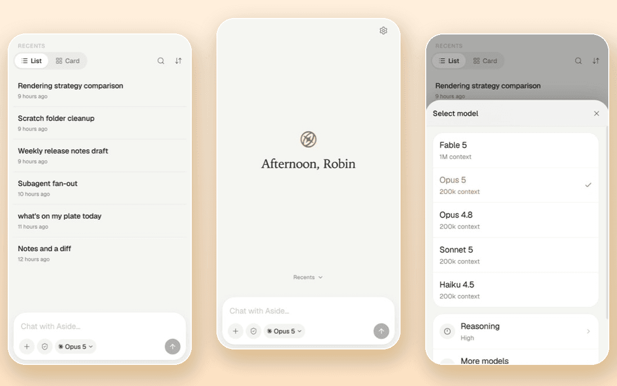 Three screens of the Aside Telegram Mini App: the session history list, the chat composer, and the model picker.