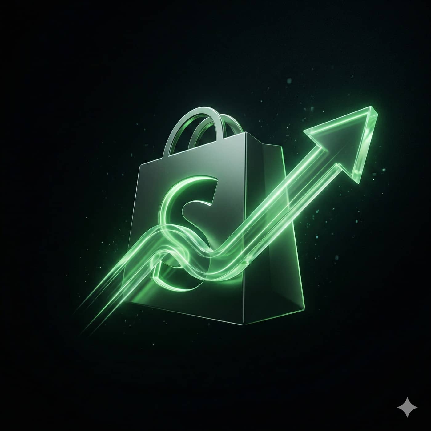 Stylized render of a Shopify shopping bag with a green growth arrow rising through it.
