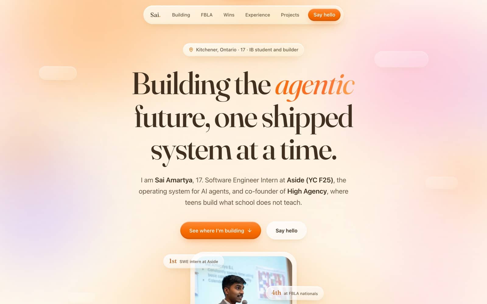 The Sai Amartya portfolio homepage, a warm cream and orange page headlined building the agentic future.