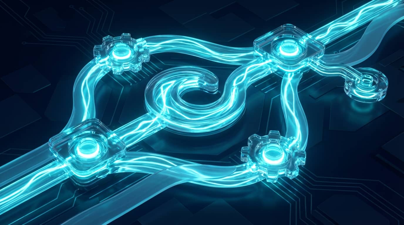 Abstract 3D render of the TidalTasks agentic workflow, showing linked nodes flowing into one another.