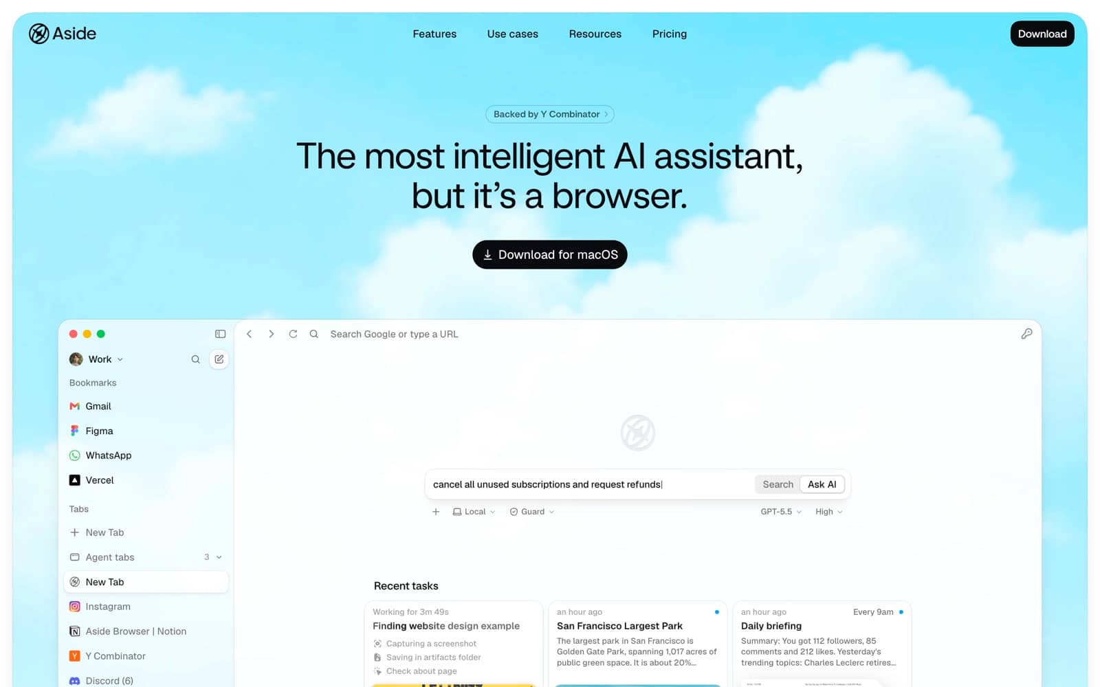 The Aside homepage, headlined the most intelligent AI assistant, but it's a browser, with the Aside browser interface below it.